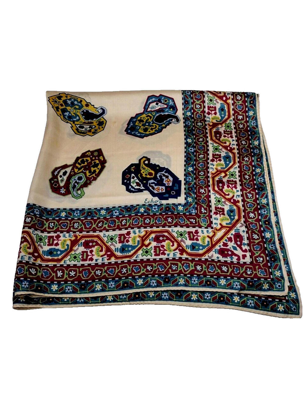 Vintage 1970s Echo Scarf Blue Paisley Chinon Silk RARE DESIGN Japan Hand Rolled
